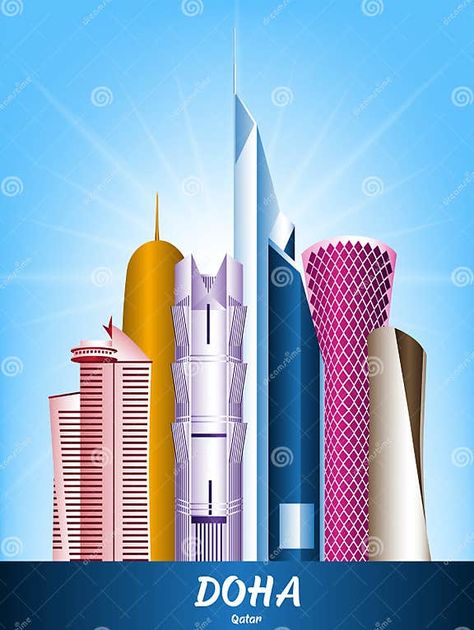 Colorful City of Doha Qatar Famous Buildings Stock Vector - Illustration of business, camel: 50524886 Qatar City, Colorful City, Famous Buildings, Doha Qatar, City Buildings, Doha, Willis Tower, Qatar, Stock Illustration