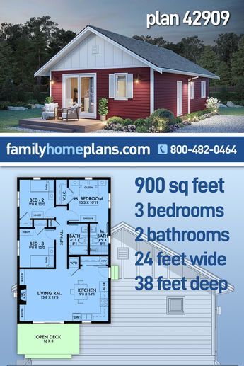 With 4 simple corners, this small house plan is an affordable build. The outside dimensions will fit anywhere because the width is 24' and the depth is 38'. Enter the front door and drop your bag in the coat closet and the groceries on the kitchen counter. How convenient! The kitchen table works for dining and preparing meals. 900 sq ft, 3 bedrooms and two baths means that your small family has all they need. Great guest house, vacation home or empty nest home. #smallhouseplan 900 Sq Ft Cottage, 3 Bedroom 900 Sq Ft House Plans, Simple Tiny House Plans, Basic House Floor Plan, 1 000 Sq Ft House Plans 3 Bedroom, Small Cabin Plans 3 Bedroom, Tiny House Design Floor Plans 3 Bedroom, Two Bedroom Guest House Plans, Tiny 3 Bedroom House