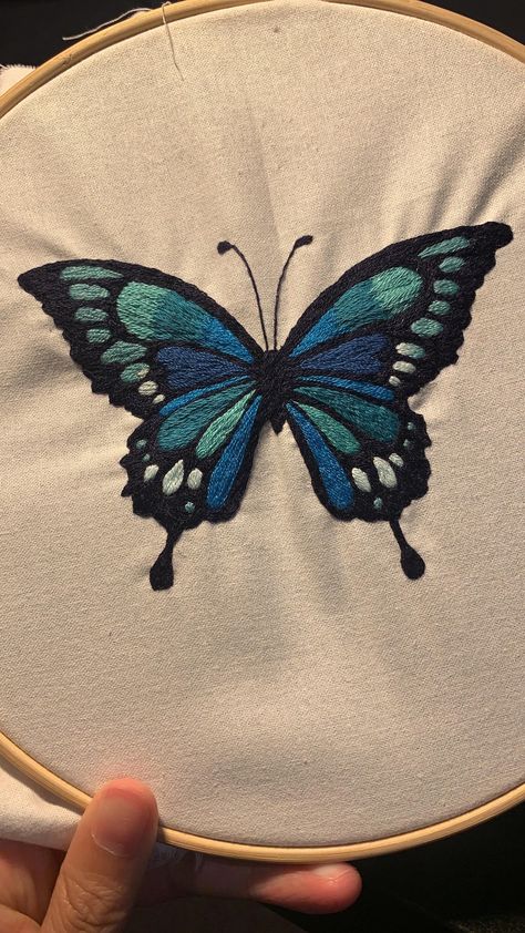 Butterfly Thread Work, Hand Embroidered Butterflies, Embroidery Designs Butterfly, Blue Butterfly Embroidery, 3d Butterfly Embroidery, Hand Embroidery Butterfly, Butterfly Embroidery Designs, Butterfly Embroidery Pattern, Diy Embroidery Thread