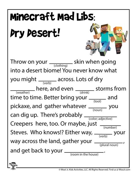 Minecraft Worksheets, Mad Libs For Kids, Kids Mad Libs, Funny Mad Libs, Grammar Sentences, Esl Teaching Resources, Elementary Writing, Mad Libs, Therapy Counseling