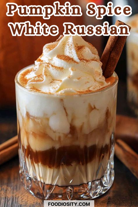 Combine the cozy flavors of fall with a classic cocktail in this Pumpkin Spice White Russian! Creamy, smooth, and spiced just right, it's the perfect drink to enjoy as the weather cools down. Click to discover the full recipe and bring a taste of autumn to your glass! Polish Cocktail Recipes, Pumpkin Pie Cream Liquor Drinks, Alcoholic Pumpkin Drinks, Creamy Fall Cocktails, Egg Nog White Russian, Cinnamon Vanilla White Russian, Fall White Russian Cocktails, Pumpkin White Russian Cocktail, Pumpkin Spice Alcoholic Drinks