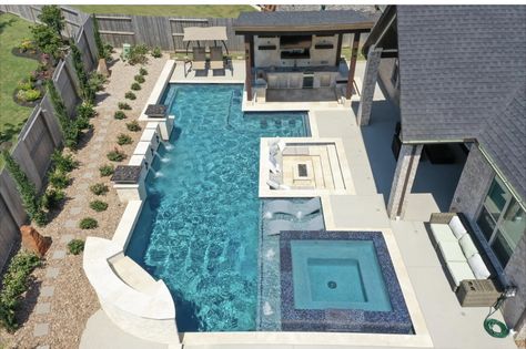 Walkways To Pool, Backyard Pool And Grill Ideas, Rectangle Pool With Pool House, Modern Backyard Pool Ideas, Pool With Table Inside, Rectangle Pool With Spa And Sun Shelf, Modern Rectangle Pool, Simple Backyard Pool Designs, Beautiful Pools Backyard