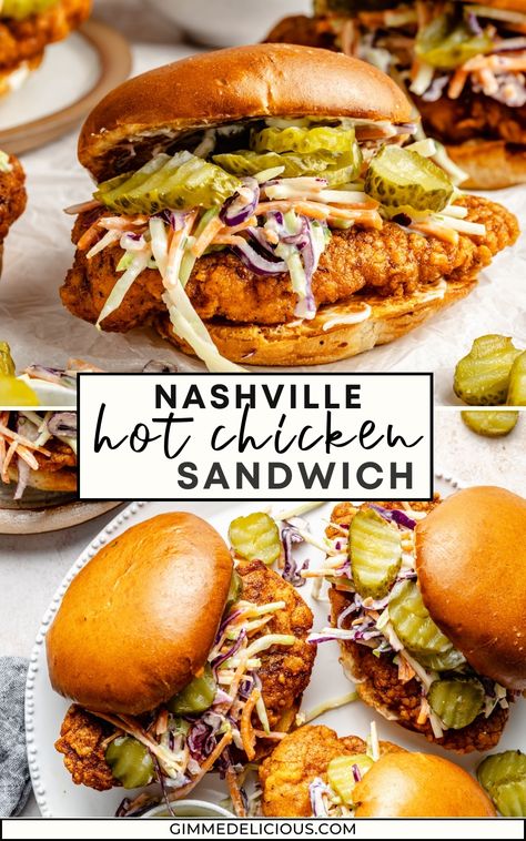 Spicy Crunchy Chicken, Cooked Sandwich Recipes, Nashville Hot Chicken Burger, Hot And Spicy Chicken Sandwich, Hit Chicken Sandwiches, Chicken Sandwich Recipes With Coleslaw, Baked Chicken Sandwich Recipes Healthy, Nashville Hot Chicken Cole Slaw, Healthy Nashville Hot Chicken Sandwich