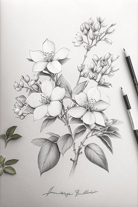 Jasmin flowers, Pencil sketch, Botanical art, Floral drawing, Fine art, Nature illustration, Black and white art, Flower sketch, Jasmin art, Graphite drawing, Realistic drawing, Detailed art, Flower illustration, Jasmin pencil art, Hand-drawn art, Artistic drawing, Plant art, Jasmin flower drawing, Art for home décor, and Botanical pencil sketch, nature-inspired, realistic, artistry, fine art, delicate blooms, flora and fauna, botanical sketch, nature lover, intricate details, hand-drawn, hortic Flower Sketch Pencil, Realistic Flower Drawing, Illustration Black And White, Botanical Sketchbook, Pencil Drawings Of Flowers, Pen Art Work, Flower Sketch, Nature Sketch, Flower Sketches