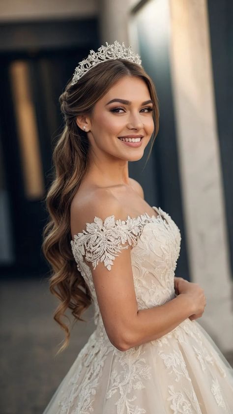 Wedding Hairstyles For Ball Gown Dress, Brides Hair With Crown, Wedding Hair Down With Crown And Veil, Wedding Hair Styles With Tiara, Wedding Hairdo With Crown, Wedding Dresses And Hairstyles, Wedding Hair Up With Headband, Prom Tiara Hairstyles, Cinderella Hairstyle Wedding