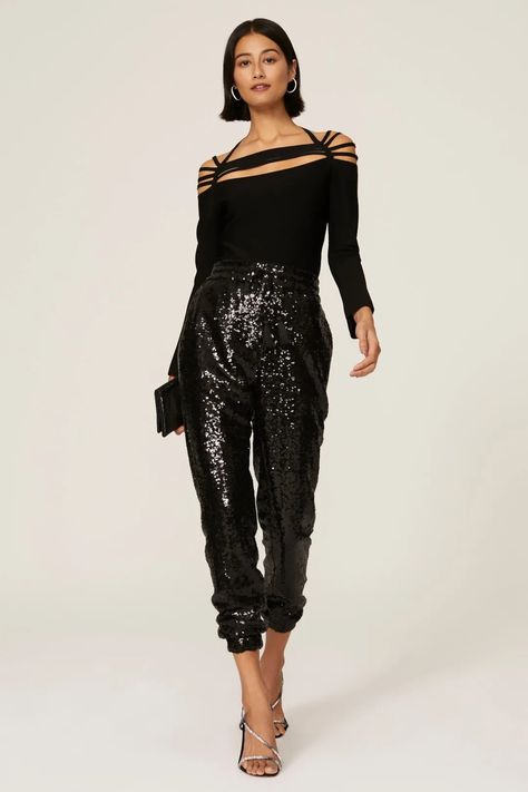 Black Sequin Joggers by Badgley Mischka | Rent the Runway Sequin Joggers, Sequin Trousers, Stylist Outfit, Rent The Runway, Glam Looks, Trouser Style, Badgley Mischka, Black Sequins, Classy Outfits