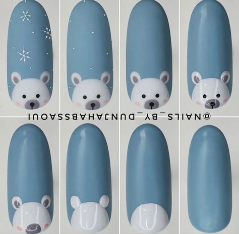 Reighndeer Nails, Christmas Nails Animals, Gonk Nails Step By Step, Winter Animal Nail Art, Christmas Nails Polar Bear, Sweater Nail Tutorial, Winter Bear Nails, Polar Bear Nails Christmas, Winter Penguin Nails