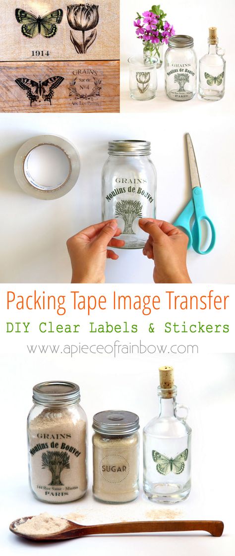 Make clear stickers using an easy packing tape image transfer method. Great for pantry labels, gift tags, custom designs on glass, wood or metal objects! Packing Tape Image Transfer, Clear Labels, Formy Silikonowe, Image Transfers, Life Kitchen, Clear Tape, Decor Shabby Chic, Photo Transfer, Party Box