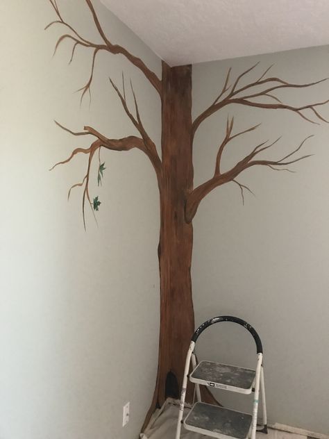 How To Paint A Tree On A Wall, Tree Painted On Wall, Tree Mural Corner, Tree Mural Nursery Painted, Nursery Room Tree Wall, Playroom Tree Mural, Woodland Kids Room, Disney Mural, Woodland Mural