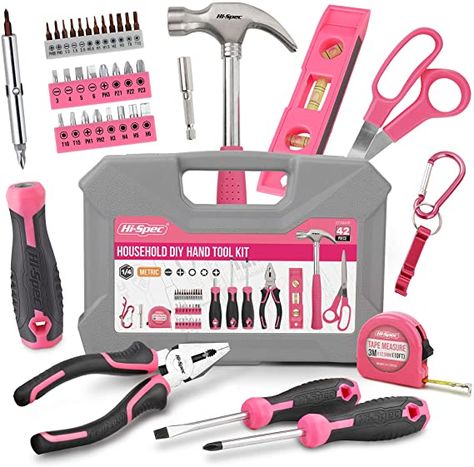 Hi-Spec Pink Household Tool Set, 42 Piece Small Essential Ladies Tool Kit For Home, Garage, Office and College Dorm - - Amazon.com Pink Tool Set, Small Tool Box, Basic Tool Kit, Plastic Tool Box, Pink Tools, Garage Office, Hand Tool Kit, Screwdriver Tool, Hand Tool Set