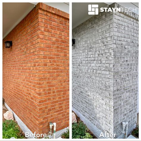 Brick Stain Colors, Stained Brick Exterior, Exterior Transformations, White Brick House Exterior, Stain Brick, Brick Makeover, Brick Staining, Exterior Beach House, Stained Brick