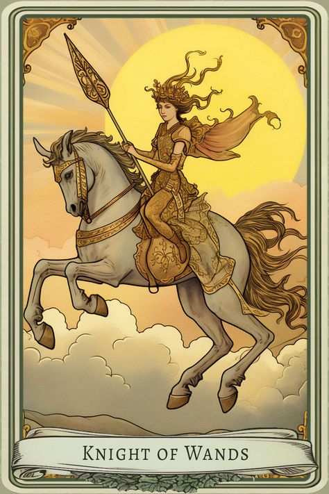 Knight of Wands is an expression of undeniable energy and determination. It symbolizes the will to overcome difficulties and the rapid movement forward. #tarot #tarotcardmeanings #tarotreading #tarotcardoftheday #tarotreading #tarotcommunity #tarotonline #tarotcommunity Tarot Card Painting, Knight Of Wands Tarot, Fairy Knight, Knight Of Wands, Card Painting, Tarot Card Tattoo, Wands Tarot, Fairy Paintings, Fairy Drawings