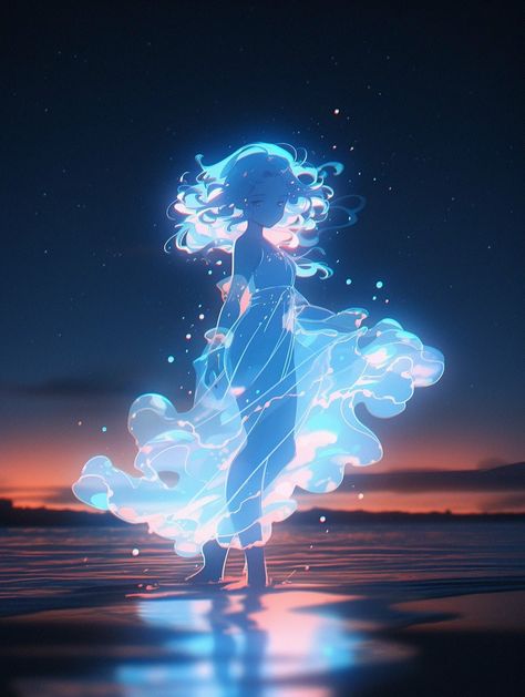 Glowing Water Art, Glowing Hair Drawing, Person In Water Drawing, Glowing Person, Goddess Of Dreams, Arte Aries, Fantasy Images, Dreamy Art, Anime Scenery Wallpaper