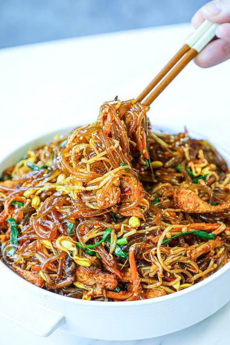 Spicy Japchae Recipe & Video - Seonkyoung Longest Chapchae Recipe Korean, Japchae Recipe, Korean Glass Noodles, Seonkyoung Longest, Korean Noodles, Thai Beef, Korean Recipes, Spicy Noodles, Glass Noodles