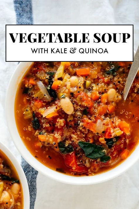 This hearty quinoa vegetable soup recipe is easy to make and so good for you, too! Warm up with a bowl tonight, and bring leftovers for lunch tomorrow! #cookieandkate #soup #comfortfood #superfoods #healthyrecipe Vegetable Soup With Kale, Gut Healing Soup, Quinoa Vegetable Soup, Homemade Vegetable Soup, Kale And Quinoa, Soup With Kale, Easy Vegetable Soup, Quinoa Soup, Vegetable Soup Recipe