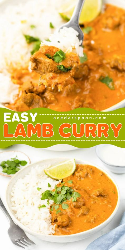 This Easy Lamb Curry Recipe is a flavorful dish mixing lamb in a rich, spiced sauce and a combination of onion, garlic, ginger, and various spices like turmeric, cumin, coriander, and garam masala. This dish simmers until the lamb is tender. This dish is typically served with rice and naan bread. Curried Lamb Recipes, Ground Lamb Curry Recipes, Lamb Curry Recipes Indian, Beef Masala, Slow Cooker Beef Curry, Lamb Curry Recipes, Easy Beef And Broccoli, Mango Curry, Pork Salad