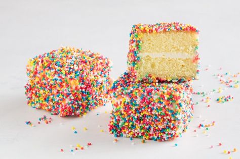 Combining two iconic Australian treats, these colourful fairy bread lamingtons will be a hit with kids and adults alike. Cake Stall, Aussie Food, Fairy Bread, Australian Food, Kids Party Food, Australia Day, Cake Icing, Let Them Eat Cake, Baby Birthday