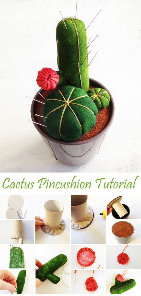 Create a pin cushion shaped as a cactus to put your pins and needles with fabric glue. Feel like making a cactus? Fabric Succulents Diy, Cactus Pin Cushion Pattern, Needle Cushion Diy, Felt Pin Cushion, Cute Pin Cushion Ideas, Cactus Pin Cushion, How To Make Pin Cushions, Fabric Cactus, Pin Cushion Diy