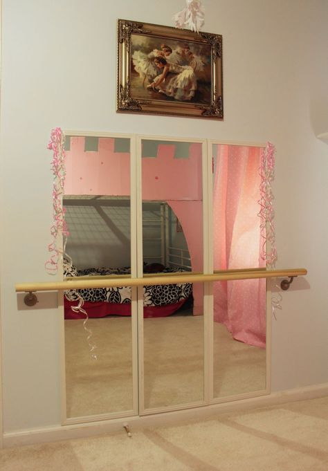 DIY Ballet Studio in our little girls room...success! Mirrors were $4.50 at walmart and hand rail from Home Depot. So easy! Diy Dance Room, Dance Room Decor, Ballet Bedroom, Dancing Room, Ballet Room, Ballerina Room, Home Dance Studio, Dance Room, Dance Rooms