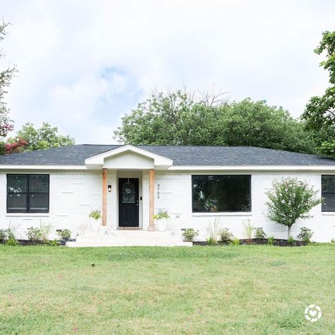 Brick Painted White - Romabio - Limewash - Ranch Style Home - Home Exterior - Before and After Ranch House Exterior Remodel, Brick Painted White, Texas Interior Design, Ranch Renovation, 1 Story House, Rockwall Texas, Ranch House Exterior, Exterior House Remodel, Ranch Remodel