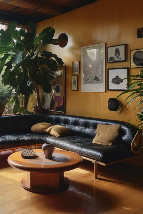 Interior Design Leather Couch, Brown Leather Mid Century Couch, Mid Century Modern Living Room Brown Leather Couch, Mid Century Modern Living Room Leather Couch, Black And Brown Couches Together, Dark Brown Modern Living Room, 70s Style Living Room Modern, Vintage Brown Leather Couch, Mid Century Modern Living Room Black Couch