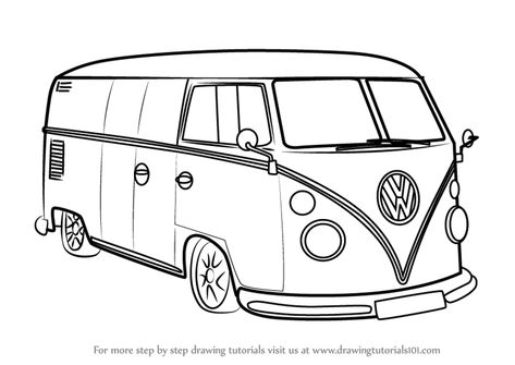 Learn How to Draw Volkswagen Van (Other) Step by Step : Drawing Tutorials Hippy Sketches, Volkswagen Bus Art, Combi Hippie, Van Drawing, Bus Drawing, Van Volkswagen, Bus Art, Van Lines, Vw Art