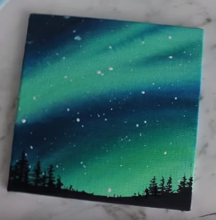 Northern Lights Mini Canvas, Mini Canvas Art Northern Lights, Aurora Night Sky Painting, Night Sky Canvas Painting Easy, Aurora Sky Painting, Arora Lights Paintings, Easy Aurora Painting, Arora Painting On Canvas, Aurora Borealis Painting Easy