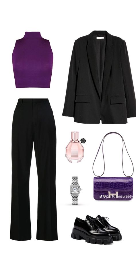 Purple Outfit Ideas Classy, Purple Outfits For Women Classy, Femme Fatale Outfit Classy, Outfit Flatlay, Chic Outfits Classy, Europe Outfits, Korean Casual Outfits, Italy Outfits, Purple Outfits