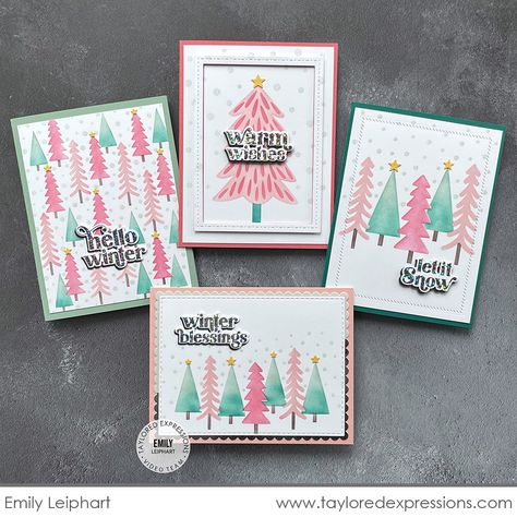 Pink Christmas Cards, Winter Blessings, Cardstock Cards, Layering Stencils, Deco Foil, Christmas Sentiments, Dashing Through The Snow, Taylored Expressions, Hello Winter