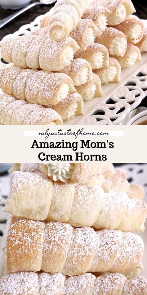 Mini Cream Horns, Homemade Cream Horns Recipe, Desserts With Bavarian Cream, Cream Horns Recipe, Cream Puffs Recipe Easy, Making Cream, Puff Pastry Recipes Dessert, Cream Horn, Pastries Recipes Dessert