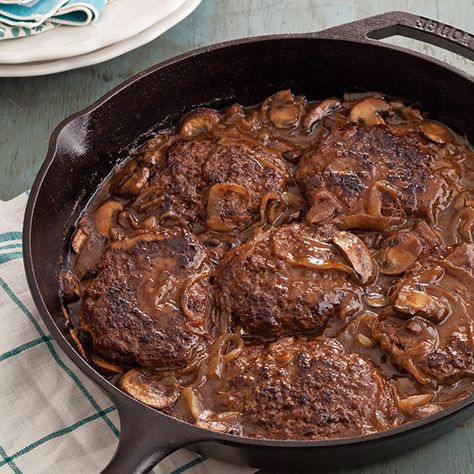 Let the sizzle of this hearty hamburger steak cooking in the skillet call your family to the dinner table. Hamburger Steak Recipes, Hamburger Steak And Gravy, Hamburger Steaks, Buttery Mashed Potatoes, Mushroom Gravy Recipe, Hearty Comfort Food, Hamburger Steak, Salisbury Steak, Steak Dinner