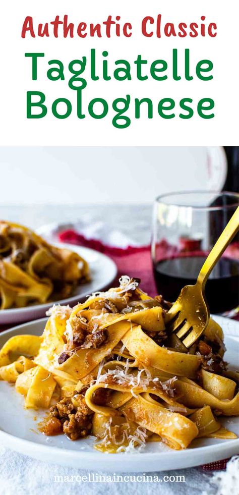 Tagliatelle alla Bolognese is a slow cooked sauce of beef, pork and pancetta with perfectly cooked pasta is the ideal comfort food. #tagliatellebolognese #pastarecipe #italianrecipe Tagliatelle Bolognese Recipe, Homemade Tagliatelle Pasta, White Bolognese Sauce, Recipes With Tagliatelle, Pasta Tagliatelle Recipes, Homemade Pasta Dish, Pork Bolognese Sauce, Bolognaise Pasta, Bolognese Tagliatelle