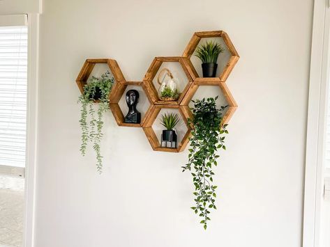 Set of 6 Hexagon Shelves Honeycomb Shelves Plant Shelves - Etsy Australia Honeycomb Wall Decor, Hexagon Wall Shelf, Design Walls, Essential Oil Shelf, Honeycomb Shelves, Nail Place, Hexagon Shelves, Wooden Wall Shelves, Estantes Flotantes