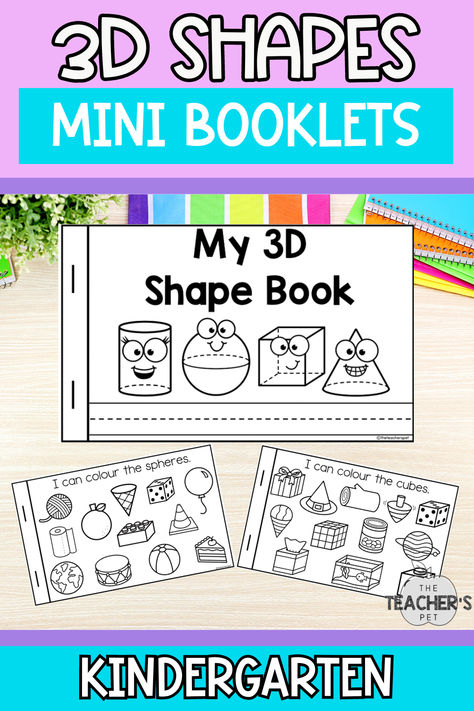 These 3D shape mini-books are a great way to consolidate your unit on 3D shapes! Students will have fun identifying 7 different 3D shapes by colouring real world images of them. Teaching 3d Shapes Kindergarten, My Shape Book, 3d Shape Activities, 3d Shapes Kindergarten, Shape Activities Kindergarten, 3d Shapes Activities, Daily Schedule Cards, Shape Activities, Shapes Kindergarten