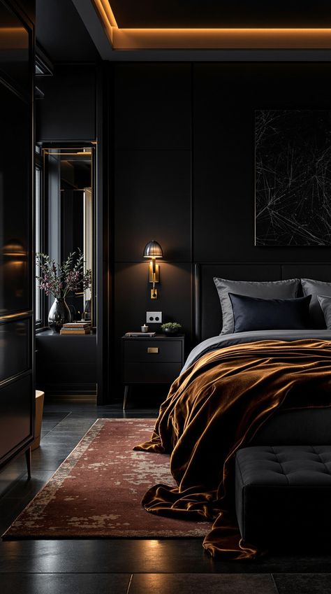 Dark Feminine Bedroom Moody Beauty Room, Feminine And Masculine Bedroom, Dramatic Bedroom Decor, Romantic Black Bedroom, Girly Moody Bedroom, Black Velvet Headboard Bedroom, Black And Bronze Bedroom, Black Woman Bedroom Ideas, Moody Library Bedroom