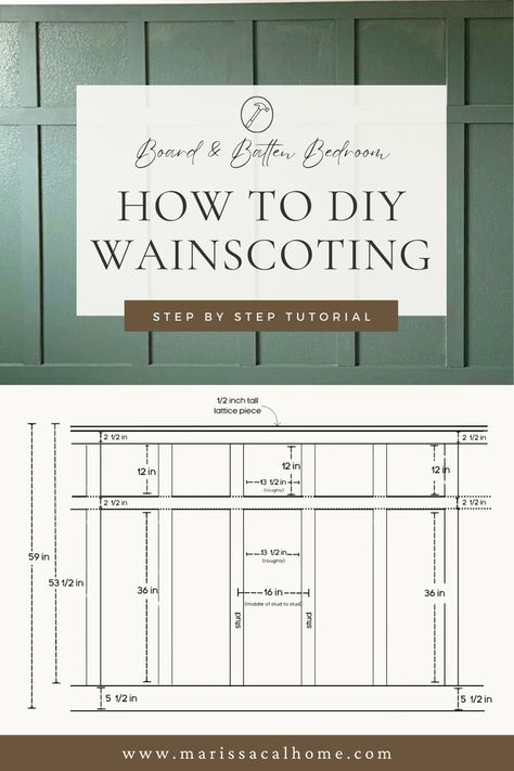 Here’s a tutorial based on the board and batten I did for the green nursery project. This DIY can be used for wainscoting or an accent wall. The listed measurements are for tall wainscoting, approximately two-thirds up the wall. So if you want battens to the ceiling, change the measurements accordingly. Materials Needed 4×8 MDF boards (1/2 inch thick) Table saw or circular saw Chop saw or mitre saw Caulk & caulk gun Primer & paint of choice Laser level Nail gun of choice and/or wood glue Wainscoting Ideas Diy, Tall Wainscoting, Painting Mdf Board, Diy Board And Batten Wall, Ranch Makeover, Diy Board And Batten, Wainscoting Bedroom, Mitre Saw, Dining Room Wainscoting