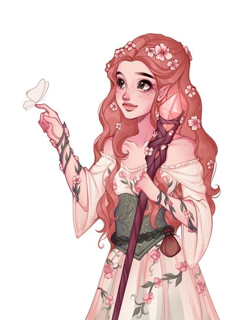 Pink Fairy Drawing, Forest Nymph Character Design, Druid Elf Female, Pink Haired Elf, Eladrin Druid, Forest Nymph Art, Dnd Visuals, Druid Oc, Druid Character