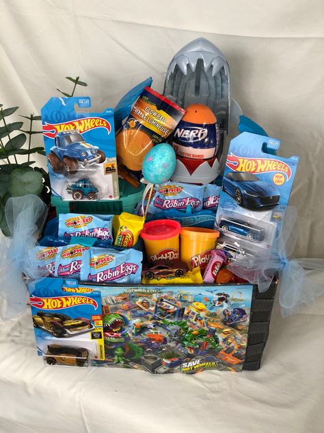 Birthday Basket For Boys, Brr Basket Boys, Easter Baskets For Kids Boys, Brr Basket For Boys, Boy Birthday Basket, Boys Gift Basket, Hot Wheels Easter Basket, Xmas Gidts For Little Brother Toys, Easter Basket Ideas For Boys 8-10