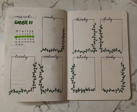 March Planner Ideas, Green Bullet Journal Theme, March Journal Ideas, March Weekly Spread, March Planner, March Bujo, Weekly Planner Ideas, Daily Bullet Journal, Bullet Journal Work