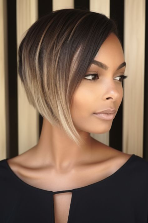 Step into the era with an edgy asymmetrical razor cut bob designed exclusively for black women. The jagged edges and varying lengths give this haircut an extra dose of dimension and style. Click here to check out more stunning short hairstyles for black women. Acemetrical Bob Black Women, Angled Bob Black Women, Highlights For Bob Haircut, Short Hair Makeover, Razor Cut Hairstyles, Razor Cut Bob, Razored Bob, Lob Cut, Summer Haircut