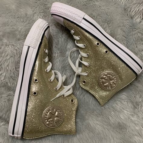 Converse Glitter Gold High Top Sneaker. Converse Glitter, Sparkle Converse, Gold Converse, Converse Gold, Prom 2024, Christmas Shoes, High Top Sneaker, Glitter Gold, High Top Shoes