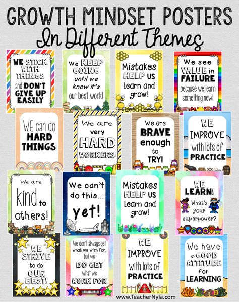 Growth Mindset Posters to make classroom bulletin boards. Lots of themes for your classroom! Power Of Yet Poster Free, Growth Mindset Posters Classroom, Classroom Center Signs, Growth Mindset Display, Classroom Door Displays, Growth Mindset Bulletin Board, Growth Mindset For Kids, Posters For Classroom, Growth Mindset Posters