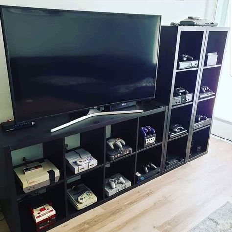 Game Console Display Ideas, Game System Organization, Game Console Organization, Video Game Console Storage, Game Console Shelf, Video Game Organization, Video Game Storage, Games Room Inspiration, Small Game Rooms