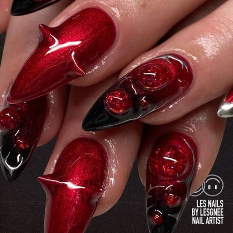 3d Red Nails, Demon Nails, Evil Nails, Devil Nails, Ongles Goth, Nail Vibes, Bday Nails, Nail Art Halloween, 3d Nail Art Designs