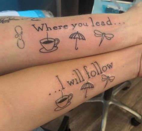 Where you lead, I will follow Mother Daughter Tattoos Harry Potter, Disney Tattoos Mother Daughter, Matching Gilmore Girls Tattoos, Mother Daughter Gilmore Girls Tattoos, Winnie The Pooh Mother Daughter Tattoo, Gilmore Girls Tattoo Mother Daughter, Gilmore Girls Tattoo, Mother Daughter Tat, Script Tattoos