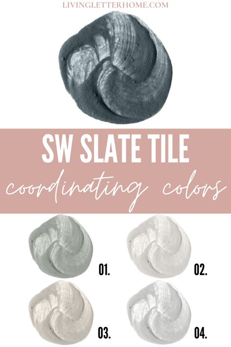 SW Slate Tile coordinating colors graphic Sw Slate Tile, Decorated Bookshelves, Slate Bathroom Tile, Tile Paint Colours, Tile Color Palette, Slate Backsplash, Best Bathroom Colors, Basement Colors, Basement Paint Colors