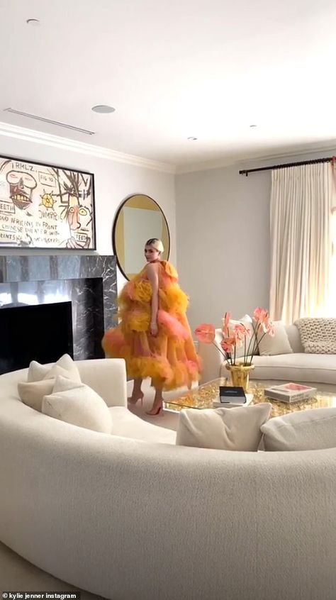 Layers: The throwback mustard-hued frock had a dusting of pink with heavy feathers to matc... Celebrity Houses Interior, Kylie Jenner House, Kardashian Home, Jenner House, Casa Vintage, Luxury Homes Dream Houses, Dream House Interior, Celebrity Houses, Style At Home