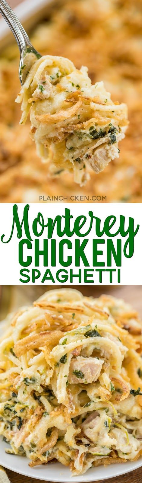 Monterey Chicken Spaghetti Casserole - my whole family went crazy over this easy chicken casserole!! Even our super picky eaters! Chicken, spaghetti, sour cream, cream of chicken, spinach, Monterey Jack Cheese, and french fried onions. Makes a great freezer meal! This is the most requested dinner in our house. #casserole #chickendinner #chickencasserole Monterey Chicken Spaghetti, Easy Chicken Casserole, Monterey Chicken, Chicken Spaghetti Casserole, Chicken Casserole Easy, Spaghetti Casserole, Chicken Spinach, French Fried Onions, Chicken Spaghetti