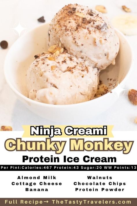 Chunky Monkey Protein Ice Cream with 43 grams of protein, 467 calories, and 20 grams of sugar for the entire pint!! Ice Cream Ninja Creami, Ice Cream Maker Recipes Healthy, Chunky Monkey Ice Cream, Ninja Creami Ice Cream Recipes, Gluten Free Ice Cream, Ninja Creami Recipes, Recipe Hacks, Creami Recipes, Ice Cream Maker Recipes