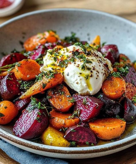 Pescatarian Mediterranean Lifestyle | Roasted Beets and Carrots Salad with Burrata | Facebook Carrots Salad, Salad With Burrata, Sauteed Beet Greens, Beets And Carrots, Roasted Beets And Carrots, Burrata Salad, Golden Beets, Roasted Root Vegetables, Beet Recipes